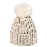 Lantch(ランチ)ニット帽 子供 無地 キャンディーカラー ポンポン付き 防寒 ニットキャップ キッズ 全7色 (カーキ)