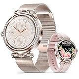 スマートウォッチ レディース 丸型 1.27インチ Bluetooth5.3 通話機能 着信通知 iPhone アンドロイド対応 28g軽量 IP67防水防塵100種類運動モード 文字盤カスタム 睡眠 振動 輝度調整 天気予報 アラーム 音楽制御 スポーツウォッチ おしゃれ Smart Watch 腕時計 誕生日 付属ベルト*2本 日本語説明書付き ゴールド