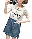 【MINI MAM】 デニム カジュアル バイカラー ワンピース 妊婦 妊娠中 授乳服 ママ レディース M L 黒 灰色 桃色 夏 半袖 スカート (M, グレー)