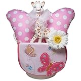 出産祝い／キリンのソフィー(並行輸入品)とヘッドクッションのおでかけギフトセット・リボンラッピング付き (女の子用)