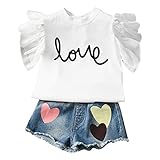 Cutelove 女の子　キッズ　ベビー服　夏　ホワイトふわふわ飛び袖Tシャツ＆デニムのショートパンツ　英字　パール飾り　心柄　二点セット　スーツ　普段着　カジュアル　可愛い