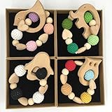 Kissteether 4個ハート木製のかぎ針編みのホルダーベビーバードエレファントペンギンフクロウのトータスティーティーシャワーダミーチェーンTeetherベビーブレスレットラトル (木製の色 11