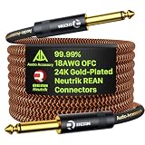 Pro Bass ギターケーブル 20フィート 金メッキ Neutrik REAN コネクター 18AWG OFC 編組 1/4インチ インストゥルメントケーブル フェンダー エレキベース ギター コンボ アンプ ランブル マーシャル用 ネオンオレンジ/ブラック