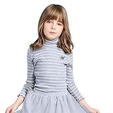 Karchi　女の子の長袖マルチカラーストライプハイカラーバックニットシャツ　ファッション　子供　　女の子　ロングスリーブ　ストライ　プフリル　Tシャツ　トップターネック　ブラウス (110, ブルー