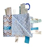 Sensory Baby Boy Tag Blanket, Blue Gray Chevron, 14 X 18. For Entertainment, Security, Comfort. Also