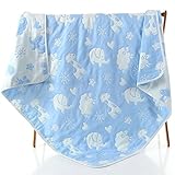 ベビーブランケット　大判 ひざ掛け　6重ガーゼケット　ベビーケット オーガニックコットン　肌にやさしい 子供　毛布 湯上りタオル ふわふわガーゼタオル ブルー Animal