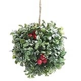 (14cm) - Factory Direct Craft Frosted Artificial Green Boxwood w/Red Berries Kissing Ball (14cm)