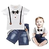 MissとMr　ベビー服 子供服 男の子 スーツ 蝶ネクタイ半袖シャツ&サスペンダーパンツセット 男の子 新生児 出産祝い 結婚式 入園式 卒園式 七五三 記念日 (80cm)