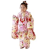 「【55】黄色地に花車と牡丹/被布：白」七五三 着物 3歳 被布着物7点セット