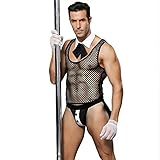 メンズ セクシー　 下着 Tバック シースルー 　ボディスーツ インナーシャツ　　 メッシュ 網タイツ レオタード　 4点セット 　フリーサイズ