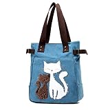 2017新品 キャンバスバッグ A4サイズ 対応 猫柄 刺繍 大容量 トートバッグ 通勤、通学 (ブルー)