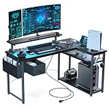 DOMICON パソコンデスク l字 ゲーミングデスク 黒 幅140cm 4段階モニター台付き コンセント付き 収納付き ラック付き PCデスク コーナーデスク 学習机 作業机 gaming desk 桌子 在宅勤務 組立簡単 左右設置可能 (黒, 幅140CM)