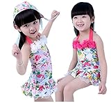 女の子 水着 可愛い 連体 女児 キッズ ベビー 子供服 ミズギ スイミングウェア 花模様 ワンピース水着 キャップ付き (S, 白地×ピンクフラワー)