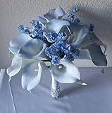 ライトブルーリアルタッチカラーリリー柄ブライダルウェディングブーケ&ブートニア 12" Bouquet
