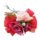 Prettyia 手首コサージュ　結婚式　フラワー　手花　お花　造花　ブライダル花　人工シルク　シルク花　飾り付け　4色選択　 - ビンテージレッド