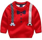 [スゴフィ]SGFY　セーター ボーイズ ガールズ ベビー キッズ コットン ニット トップス 男の子 子供服 女の子 クルーネック 蝶ネクタイ柄 2色 (110, レッド)