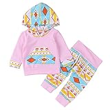 Ochine 新生児 幼児 女の子 ピンク スウェット＋ロングパンツ 綿 長袖 フード付き 幾何学グラフ柄 カバーオール パジャマにも 3-18ヶ月に 70 80 90 100