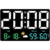 STOBAZA 9.7 Inch Large Digital Wall Clock with Temperature Humidity Sensor Colorful Led Display for Living Room Office Multif