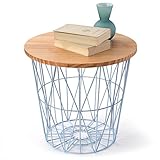 LOWYA （ロウヤ） ワイヤーバスケット バスケット サイドテーブルとしても利用可能 天然木天板 おもちゃ収納 スチール素材 おしゃれ 高さ39cmタイプ ナチュラル/ブルー 新生活