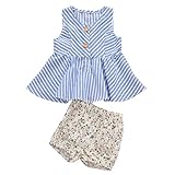 mioim ベビー服 セットアップ 女の子 ストライプ シャツ 花柄 ショートパンツ 上下セット 可愛い オシャレ 通園 発表会 旅行 ブルー
