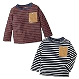 (エンジ/80cm)ベビー服 男の子 Tシャツ 長袖 パイルボーダー ベロア胸ポケット 男児 ベビー