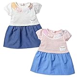 (ホワイト/90cm)ベビー服 女の子 ドッキング ワンピース 半袖 パターンメッシュ Tシャツ 柄生地切替 パフスリーブ シャンブレー スカート 女児 ベビー