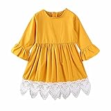 TangQi 子供服 女の子 ワンピース レースエッジ ボールガウン パフスリーブ 長袖 超可愛い 春秋冬 ロングスリーブ ニーレングス カジュアル コットン 無地 ドレス 誕生日パーティー 結婚式 