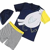 Spinas（スピナス）ベビー キッズ 水着 男の子用 3点セット 半袖 ラッシュガード スイムパンツ キャップ かわいい 夏モチーフ 80-130cm 全4種（ヨット バード イエローシャーク ブル