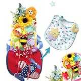 男の子出産祝い『サッシーライト・ブルー』Sassy バンブルバイツと自動車スタイ付き 2段おむつケーキ L