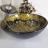 Tophome 洗面台 洗面鉢彩色上絵 洗面ボウル 手洗い器　手洗器 洗面ボール ガラス 蛇口セット　強化ガラス製 手洗い器おしゃれ 排水金具付 蛇口付き