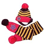 Plus Nao(プラスナオ) 子供用 ニット帽＆マフラー 2点セット セットアップ ボンボン付き ボーダー スターワッペン付き ビーニー ベビー キ - パープル