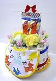 ご出産お祝い＜おむつケーキ＞　リーズナブルなお値段のかわいいおむつケーキ　ロディK (男女共用レッドリボン）