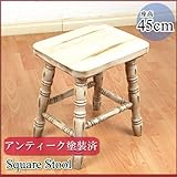 【カントリー家具/パイン家具】スクエアスツール (キッチンスツール/腰掛け椅子/踏み台/木製) 45cm アンティーク・ホワイト| シャビーシックなフレンチスタイル