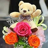 バラとかすみ草のプリザーブドフラワー クマさんピック付き 花ギフト