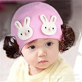帽子 ベビー　キャップ キッズ　子供ハット かつら ウィッグ 付き 新生児 女の子 ヘアバンド ヘアアクセサリー ダブルウサギ ピンク
