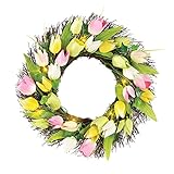 事前点灯パステルチューリップ花Twig Wreath withイエローライト、17インチ、電池式、グリーン