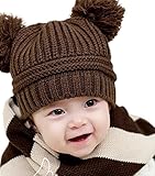 KUMBAYA ベビーニット帽 ニット帽 ダブル ボンボン キッズ ニット 男女兼用 (ブラウン)