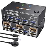 HDMI KVMスイッチ 2 モニター 2 PC 4K@60Hz/2K@120Hz KVMスイッチ EDIDシミュレーター、USB 3.0ポート、有線リモートとUSB3.0ケーブル付属