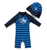 Bonverano ベビー水着　男の子　ワンピース　半袖ラッシュガード　キャップ付き　２点セット　UPF50+　紫外線対策　UVカット(3-6M クジラ)
