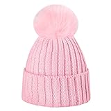 Lantch(ランチ)ニット帽 子供 無地 キャンディーカラー ポンポン付き 防寒 ニットキャップ キッズ 全7色 (ピンク)