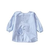 スモック 子供 長袖 食事用 エプロン チェック柄 防汚 防水 ケープ 赤ちゃん 幼稚園 保育園 (M, ブルー)
