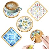 WATHFKCU 4セット DIY ガラスモザイクタイル クラフト用 ミックスカラー モザイクキット 木製コースター付き 大人用 モザイククラフト素材パッケージ コースター用 ハンドメイド ホームデコレーション ギフト