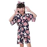 Hibote 春夏 パジャマ 甚平 子供服 着物 お祭り 上下セット 女性用 バスローブ 浴衣式 前開き Vネック 花柄 120cm-130cm 半袖 おしゃれ 着物 ナイトウェア 兔子 M