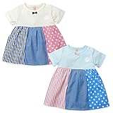 (サックス/80cm)ベビー服 女の子 チュニック 半袖 Mialy Mail ミアリーメール 柄生地切替フリル ストライプ ダンガリー ドット リボン レースワッペン 女児 ベビー