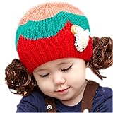 【SEBLES】ベビー服 ニット帽 カール ウィッグ付 女の子 可愛い 秋冬 赤ちゃん帽子 6ヶ月-3歳(レッド)