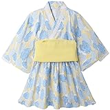Vine 浴衣ドレス シフォン兵児帯付 ベビー 子供 浴衣 女の子 和装 ゆかた 花柄 夏祭り 盆踊り お宮参り お祝い (ブルー 100cm)