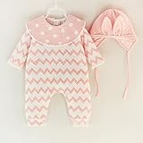 0-12ヶ月新生児かわいいウサギ厚い暖かい綿のロンパー+帽子2本の赤ちゃんの女の子の男の子の服セットストライプジャンプャ幼児の服の誕生日プレゼント (ピンク, 0-3ヶ月)