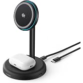 THREEKEY 2-in-1 マグセーフ対応充電器【Qi2公式認証・25W高速充電】ワイヤレス充電スタンド 独自放熱設計(冷却ファン付き) LEDナイトライト付き 角度調整可能 iPhone 17-12対応/AirPods/Apple Watch同