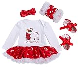 YK&loving ロンパーススカート付き 女の子 ベビー クリスマス 4点セット ロンパースチュチュ レッグウォーマー 髪飾り シューズ クリスマスソックス柄 サイズ59
