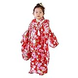 「【56】赤地に御所車と鼓/被布：赤」七五三 着物 3歳 被布着物7点セット